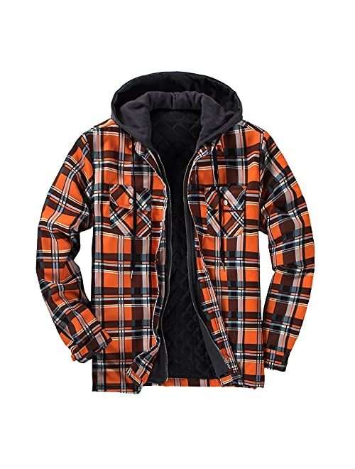 DOSLAVIDA Men's Quilted Lined Flannel Jackets Thicken Hooded Plaid Shirt Jacket Heavyweight Long Sleeve Button Down Shirts