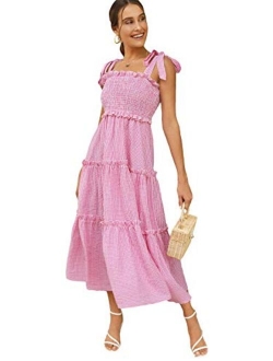 FloernsWomen'sSummerBohoTieStrapA-LineLongMaxiTiered Dress