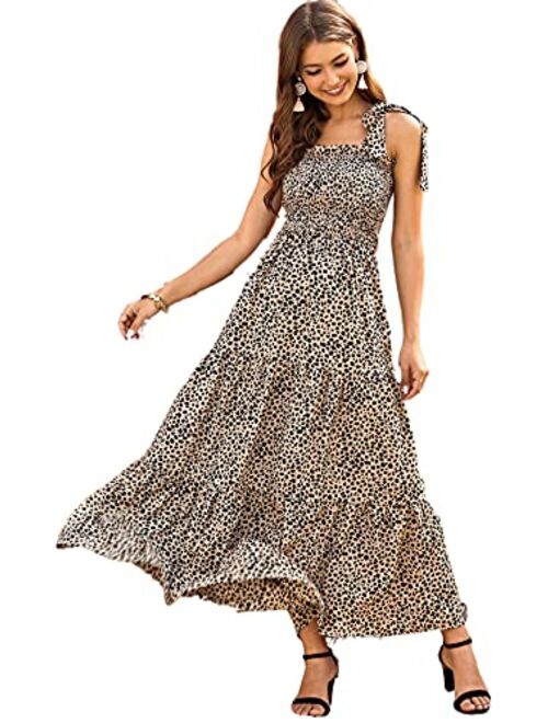 Floerns Women's Summer Boho Tie Strap A-Line Long Maxi Tiered Dress