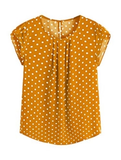 Women's Elegant Polka Dots Print Cap Sleeve Keyhole Back Work Blouse Top