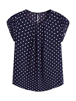 Women's Elegant Polka Dots Print Cap Sleeve Keyhole Back Work Blouse Top