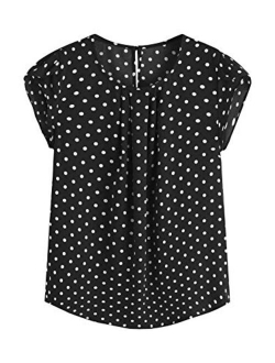 Women's Elegant Polka Dots Print Cap Sleeve Keyhole Back Work Blouse Top