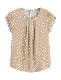 Women's Elegant Polka Dots Print Cap Sleeve Keyhole Back Work Blouse Top