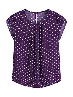 Women's Elegant Polka Dots Print Cap Sleeve Keyhole Back Work Blouse Top