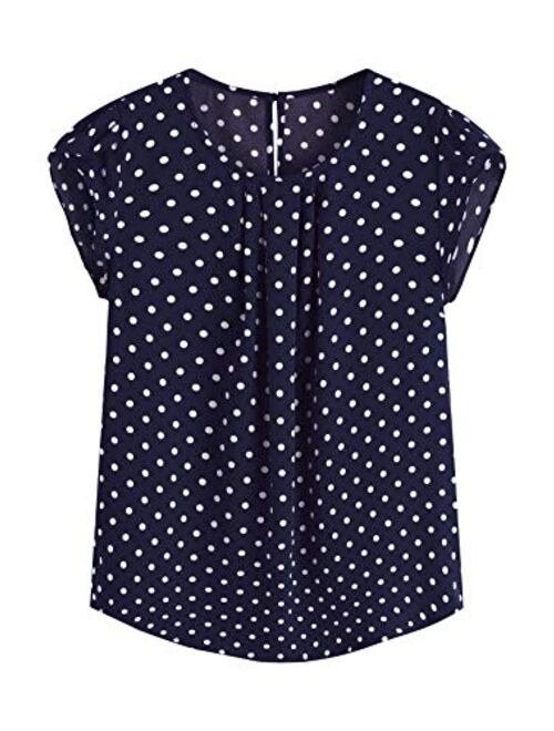 Milumia Women's Elegant Polka Dots Print Cap Sleeve Keyhole Back Work Blouse Top