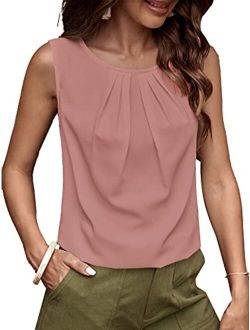 Women's Casual Pleated Round Neck Sleeveless Work Office Blouse Top