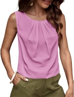 Women's Casual Pleated Round Neck Sleeveless Work Office Blouse Top