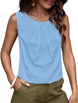 Women's Casual Pleated Round Neck Sleeveless Work Office Blouse Top