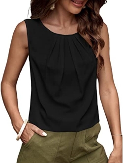 Women's Casual Pleated Round Neck Sleeveless Work Office Blouse Top