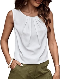 Women's Casual Pleated Round Neck Sleeveless Work Office Blouse Top