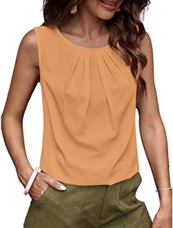 Women's Casual Pleated Round Neck Sleeveless Work Office Blouse Top