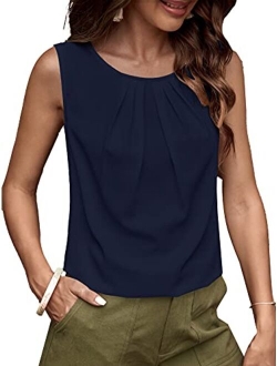 Women's Casual Pleated Round Neck Sleeveless Work Office Blouse Top