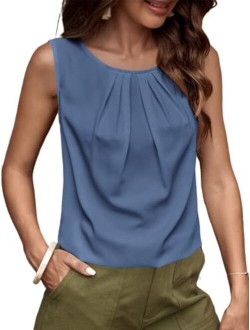 Women's Casual Pleated Round Neck Sleeveless Work Office Blouse Top