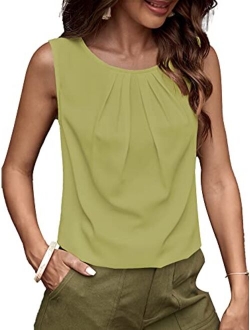 Women's Casual Pleated Round Neck Sleeveless Work Office Blouse Top