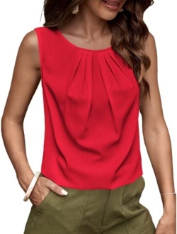 Women's Casual Pleated Round Neck Sleeveless Work Office Blouse Top