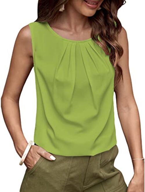 Milumia Women's Casual Pleated Round Neck Sleeveless Work Office Blouse Top