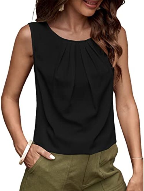 Milumia Women's Casual Pleated Round Neck Sleeveless Work Office Blouse Top