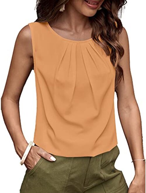 Milumia Women's Casual Pleated Round Neck Sleeveless Work Office Blouse Top