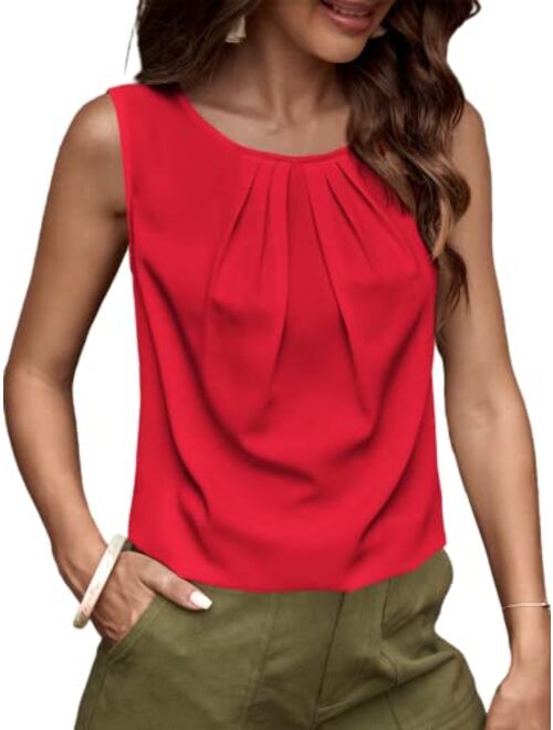 Milumia Women's Casual Pleated Round Neck Sleeveless Work Office Blouse Top