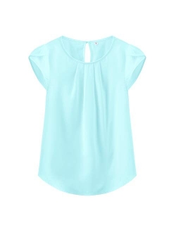 TASAMO Women's Casual Round Neck Basic Pleated Top Cap Sleeve Curved Keyhole Back Chiffon Blouse