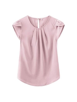 TASAMO Women's Casual Round Neck Basic Pleated Top Cap Sleeve Curved Keyhole Back Chiffon Blouse