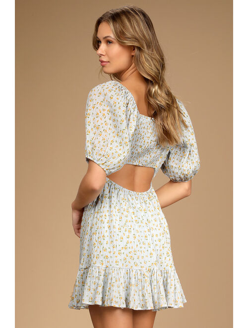 Lulus Flirtatious Fit Light Blue Floral Print Puff Sleeve Mini Dress