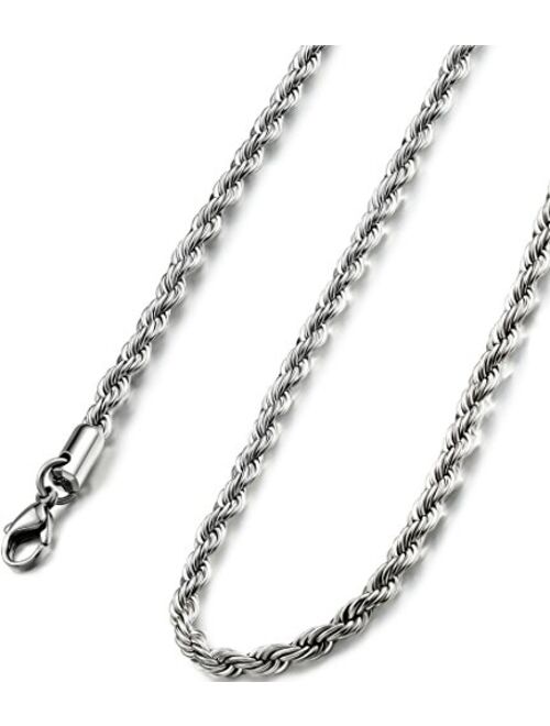 FIBO STEEL 4MM Stainless Steel Twist Rope Chain Necklace for Men Women,16-30 inches