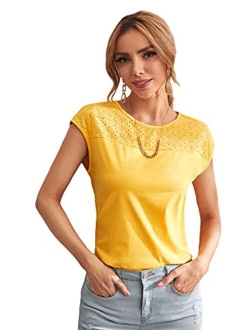 Women's Round Neck Batwing Short Sleeve T Shirt Eyelet Embroidery Solid Tee Tops