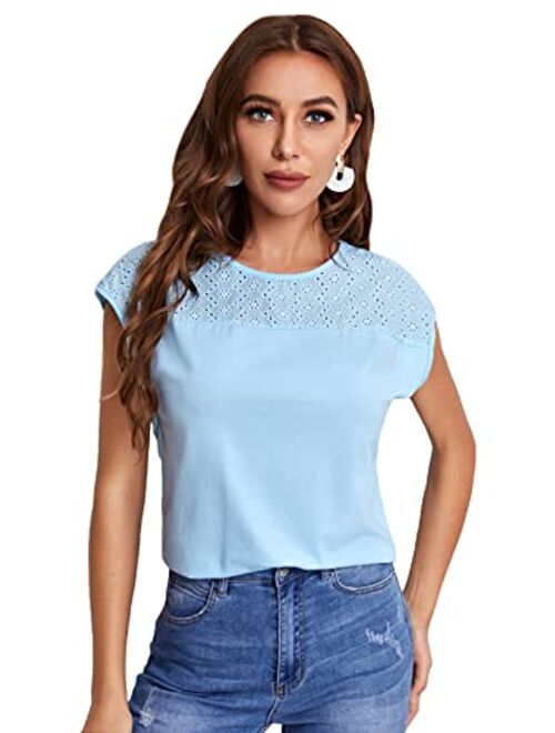 SheIn Women's Round Neck Batwing Short Sleeve T Shirt Eyelet Embroidery Solid Tee Tops