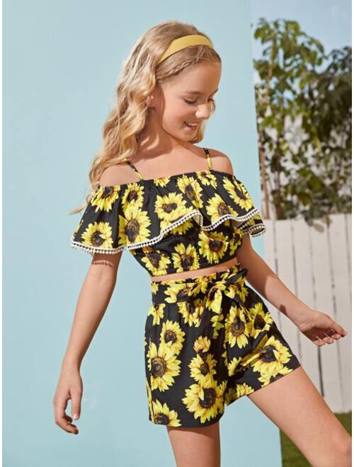 Shein Girls Sunflower Print Top & Belted Shorts Set