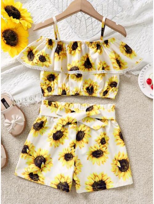 Shein Girls Sunflower Print Top & Belted Shorts Set