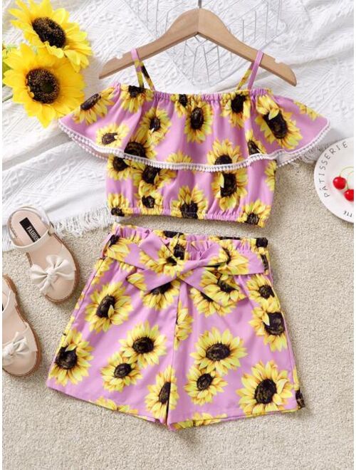 Shein Girls Sunflower Print Top & Belted Shorts Set