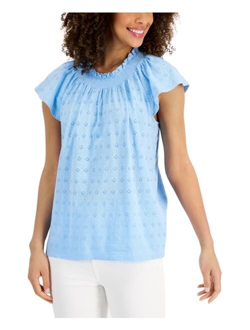 Charter Club Cotton Flutter-Sleeve Eyelet Top, Created for Macy's