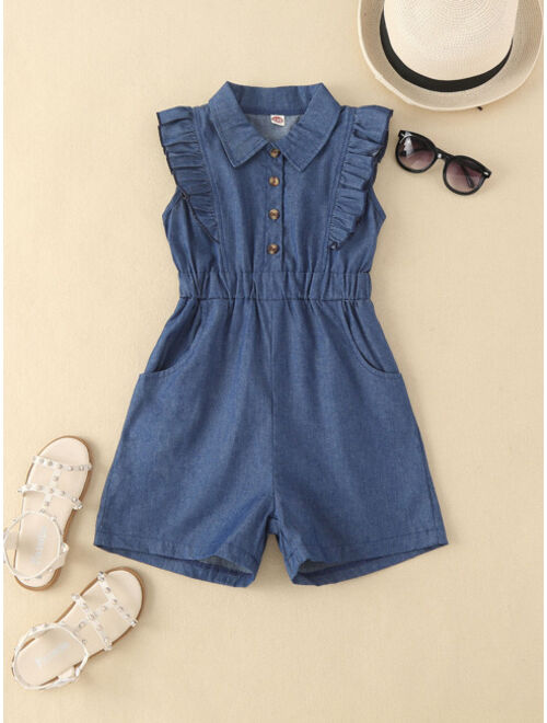 Shein Girls Ruffle Trim Denim Romper