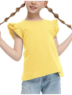 Flypigs Girls T Shirts Ruffle Shrit Plain Blank Tank Tops Short Sleeve Cotton Tshirts Basic Blouse 3T-10Years