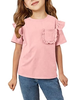 Kingdenergy Girls Short Ruffles Sleeve Shirts Tops Cute T Shirt Casual Plain Tees Summer Clothes with Pocket