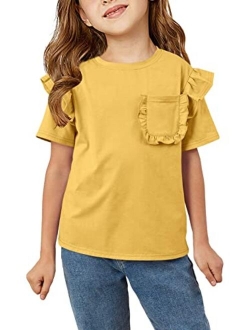 Kingdenergy Girls Short Ruffles Sleeve Shirts Tops Cute T Shirt Casual Plain Tees Summer Clothes with Pocket