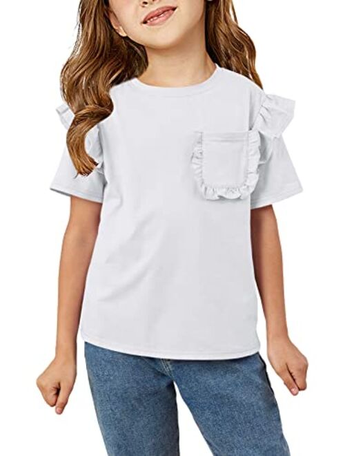 Kingdenergy Girls Short Ruffles Sleeve Shirts Tops Cute T Shirt Casual Plain Tees Summer Clothes with Pocket