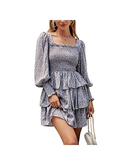 Byinns Women's Square Neck Ruffle Dress Long Sleeve Floral Print Tiered Tie Back Layered Swing Mini Dress