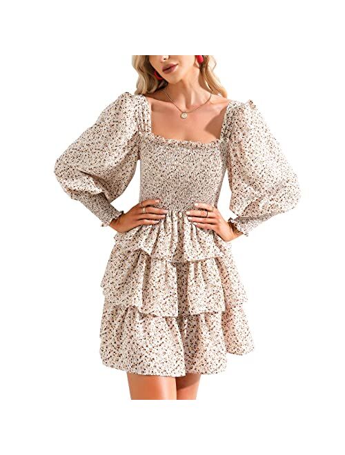 Byinns Women's Square Neck Ruffle Dress Long Sleeve Floral Print Tiered Tie Back Layered Swing Mini Dress