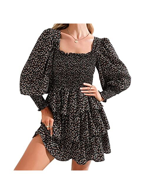 Byinns Women's Square Neck Ruffle Dress Long Sleeve Floral Print Tiered Tie Back Layered Swing Mini Dress