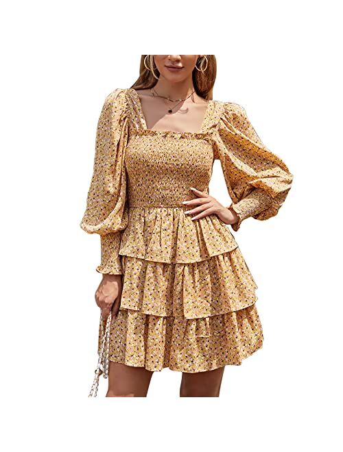 Byinns Women's Square Neck Ruffle Dress Long Sleeve Floral Print Tiered Tie Back Layered Swing Mini Dress