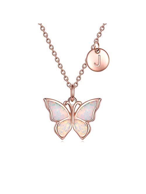 WINNICACA Sterling Silver Butterfly Necklaces Initial A-Z Necklace Created Opal Abalone Shell Butterfly Jewelry Gifts for Women Teens Birthday