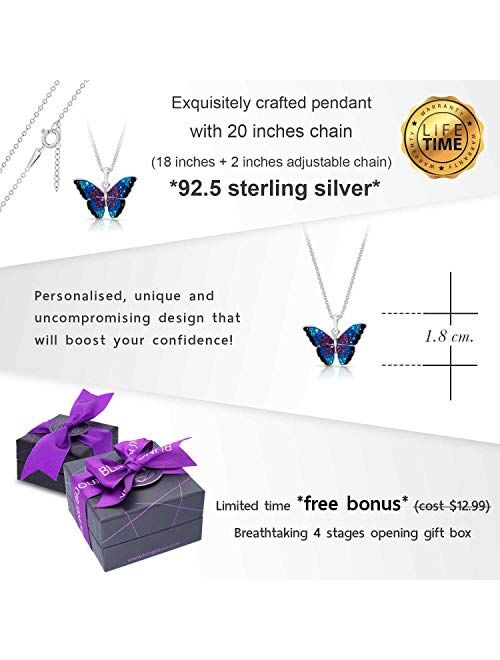 Bling Bijoux Jewelry BLING BIJOUX Crystal Monarch Butterfly Pendant Necklace Never Rust 925 Sterling Silver Natural and Hypoallergenic Chain For Women and Girls with Free