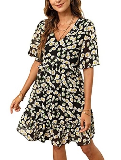 Manydress Women's Summer Floral Print V Neck Casual Mini Boho Ruffle Swing Dress MY068