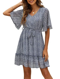 Manydress Women's Summer Floral Print V Neck Casual Mini Boho Ruffle Swing Dress MY068