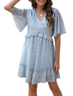 Manydress Women's Summer Floral Print V Neck Casual Mini Boho Ruffle Swing Dress MY068