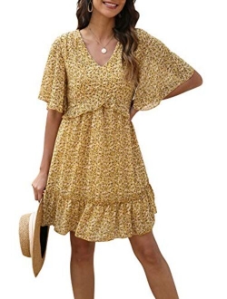 Manydress Women's Summer Floral Print V Neck Casual Mini Boho Ruffle Swing Dress MY068