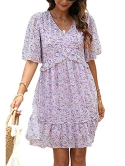 Manydress Women's Summer Floral Print V Neck Casual Mini Boho Ruffle Swing Dress MY068