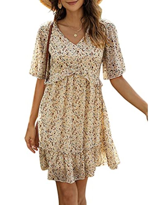 Manydress Women's Summer Floral Print V Neck Casual Mini Boho Ruffle Swing Dress MY068